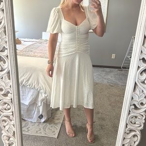 ASOS design puff sleeve ruched eyelet midi skater dress in white